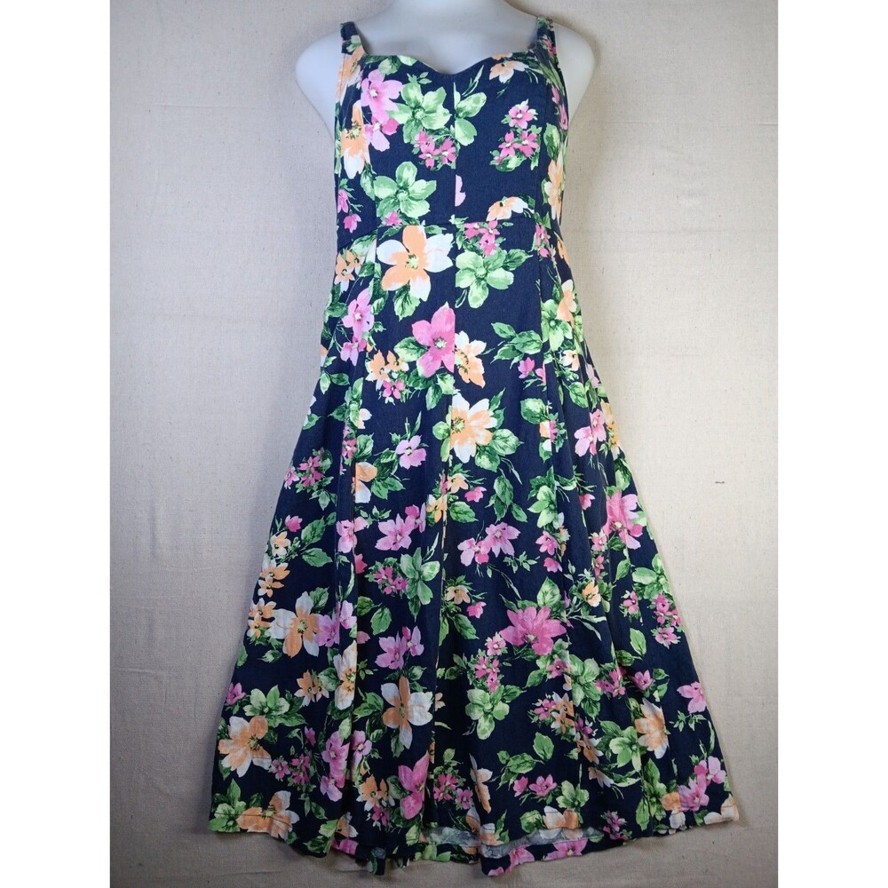Old Navy Midi Dress Medium Blue Pink Floral Linen Blend Smocked Back Pockets EUC
